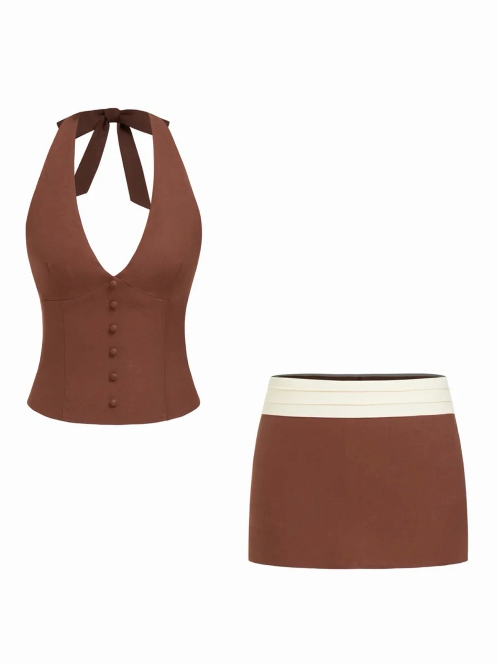 Cider Brown Halter Button Vest & Mini Skirt Set with Cream Waistband